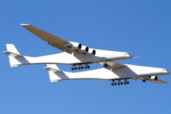 Stratolaunch, a giant six-engine aircraft with the world’s longest wingspan , makes its historic first flight from the Mojave Air and Space Port in Mojave, Calif., Saturday, April 13, 2019. Founded by the late billionaire Paul G. Allen, Stratolaunch is vying to be a contender in the market for air-launching small satellites.
