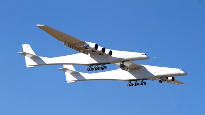 Stratolaunch, a giant six-engine aircraft with the world’s longest wingspan , makes its historic first flight from the Mojave Air and Space Port in Mojave, Calif., Saturday, April 13, 2019. Founded by the late billionaire Paul G. Allen, Stratolaunch is vying to be a contender in the market for air-launching small satellites.