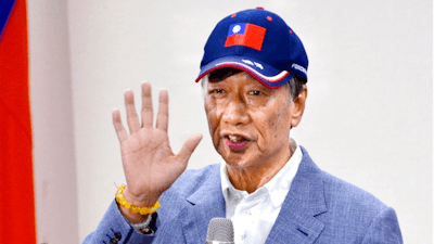 Terry Gou, chairman of the world's largest contract assembler of consumer electronics, during a press conference at the Nationalist Party’s headquarters in Taipei, Taiwan, Wednesday, April 17, 2019. Gou said Wednesday he intends to run for president of Taiwan, bringing his pro-business and China-friendly policies to what is expected to be a crowded field for next year's election.