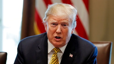 President Donald Trump speaks during the White House Opportunity and Revitalization Council meeting in the Cabinet Room of the White House, Thursday, April 4, 2019, in Washington.