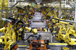 In this Sept. 27, 2018, file photo robots weld the bed of a 2018 Ford F-150 truck on the assembly line at the Ford Rouge assembly plant in Dearborn, Mich. On Monday, April 1, the Institute for Supply Management, a trade group of purchasing managers, issues its index of manufacturing activity for March.
