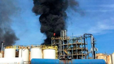 This photo taken by the Harris County Fire Marshal's Office shows the KMCO Chemical plant Tuesday, April 2, 2019, in Crosby, Texas.