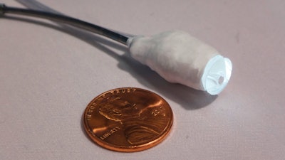 This undated photo provided by Margherita Mencattelli in April 2019 shows the tip of a robotic catheter equipped with a small camera and lighting encased in silicone, in Boston. Described in a report released on Wednesday, April 24, 2019, the device guided itself through the delicate chambers of a pig's heart as it was beating.