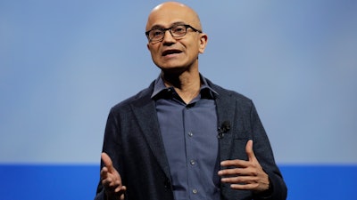This Nov. 28, 2018, file photo shows Microsoft CEO Satya Nadella speaking during the annual Microsoft Corp. shareholders meeting in Bellevue, Wash. Microsoft is revamping its practices for investigating workplace investigations after a group of women shared stories of discrimination and sexual harassment. Nadella sent a letter to employees about the changes Monday, April 15, 2019. Nadella says the company is increasing support services for workers who say they’ve experienced misbehavior, including a new “Employee Advocacy Team” to help guide employees through investigations.