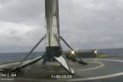 This Thursday, April 11, 2091 image from video made available by SpaceX shows a Falcon rocket booster shortly after landing on a barge in the Atlantic Ocean off Florida. On Tuesday, April 16, the company confirmed that the unsecured core booster toppled onto the platform over the weekend, as waves reached 8 to 10 feet. SpaceX chief Elon Musk says custom devices to secure the booster weren’t ready in time for this second flight of the Falcon Heavy.