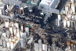 This aerial photo shows the KMCO chemical plant as firefighters spray water on a fire on Tuesday, April 2, 2019, in Crosby, Texas. Pilar Davis, a product manager with KMCO, says the fire initially ignited with isobutylene and was fueled by ethanol and ethyl acrylate. All three are chemicals and solvents used to make fuel additives at the plant.