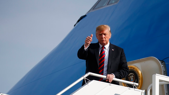 President Donald Trump arrives at John F. Kennedy Airport Thursday, May 16, 2019, in New York. Trump is in New York for a fundraiser.