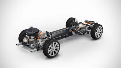 The Volvo XC90 Twin Engine is a plug-in electric car, hybrid car and high-performance car rolled into one. A two-liter, four-cylinder supercharged and turbocharged Drive-E gas engine powers the front wheels and an 80 hp (60 kW) electric motor drives the rear wheels. The battery pack is located in the center of the vehicle.