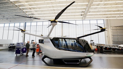 This Tuesday, May 28, 2019, photo shows the Skai vehicle, developed by Alaka'i Technologies in Newbury Park, Calif. The transportation company is betting its hydrogen-powered electric flying vehicles will someday serve as taxis, cargo carriers and ambulances of the sky.