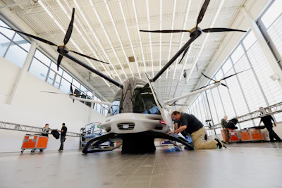 In this Tuesday, May 28, 2019, photo, workers prepare the Skai vehicle, developed by Alaka'i Technologies, for a special unveiling in Newbury Park, Calif. The transportation company is betting its hydrogen-powered electric flying vehicles will someday serve as taxis, cargo carriers and ambulances of the sky.