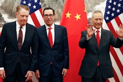 In this file photo taken Wednesday, May 1, 2019, Chinese Vice Premier Liu He, right, gestures as U.S. Treasury Secretary Steven Mnuchin, center, chats with his Trade Representative Robert Lighthizer, left, before they proceed to their meeting at the Diaoyutai State Guesthouse in Beijing. President Donald Trump turned up the pressure on China on Sunday, May 5, threatening to hike tariffs on $200 billion worth of Chinese goods. Trump's comments, delivered on Twitter, came as a Chinese delegation was scheduled to resume talks in Washington on Wednesday aimed at resolving a trade war that has shaken financial markets and cast gloom over the world economy.