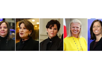 This photo combination show five of the highest-paid female CEOs for 2018, as calculated by The Associated Press and Equilar, an executive data firm. From left: Mary Barra, General Motors, $21.9 million; Marillyn Hewson, Lockheed Martin, $21.5 million; Phebe Novakovic, General Dynamics, $20.7 million; Virginia Rometty, IBM, $17.6 million; and Adena Friedman, Nasdaq, $14.4 million.