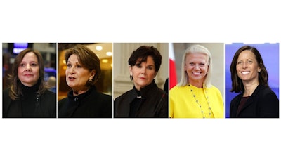 This photo combination show five of the highest-paid female CEOs for 2018, as calculated by The Associated Press and Equilar, an executive data firm. From left: Mary Barra, General Motors, $21.9 million; Marillyn Hewson, Lockheed Martin, $21.5 million; Phebe Novakovic, General Dynamics, $20.7 million; Virginia Rometty, IBM, $17.6 million; and Adena Friedman, Nasdaq, $14.4 million.