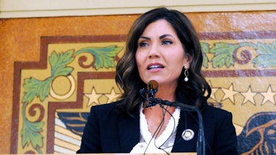 In this Jan. 2019 file photo, South Dakota Gov. Kristi Noem gives her first State of the State address in Pierre, S.D. South Dakota Gov. A Native American tribe has told South Dakota Gov. Kristi Noem she’s not welcome on one of largest reservations in the country after she led efforts to pass a state law targeting demonstrations such as those in neighboring North Dakota that plagued the Dakota Access oil pipeline. The Oglala Sioux tribe on Thursday, May 2, 2019 told South Dakota Gov. Kristi Noem to stay away from the Pine Ridge Reservation until she rescinds her support for new state laws that target disruptive demonstrations by anti-oil pipeline activists.