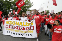 Presidential candidate and former U.S. Department of Housing and Urban Development Julian Castro rallies with McDonald's employees and other activists demanding fairer pay, better working conditions, and the right to unionize.