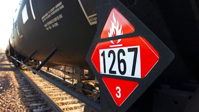 This Nov. 6, 2013, file photo, shows a warning placard on a tank car carrying crude oil near a loading terminal in Trenton, N.D. North Dakota officials are pressuring the state of Washington to back off from legislation requiring oil shipped by rail to have more of its volatile gases removed. Proponents of the bill awaiting Gov. Jay Inslee's signature say it will boost safety, but North Dakota officials worry it could hamper the nation's No. 2 oil producer. North Dakota's three members of Congress have asked Inslee to veto the bill. North Dakota regulators are considering a lawsuit.