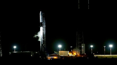 A SpaceX Falcon 9 remains on space launch complex 40 after a scrubed launch attempt to deliver supplies to the International Space Station at the Cape Canaveral Air Force Station on Friday, May 3, 2019, in Cape Canaveral, Fla.