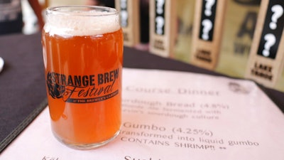 In this photo taken May 18, 2019, is a glass of Gumbo beer made with real shrimp at the Strange Brew Festival in Reno, Nev. As craft breweries have boomed, competition for attention has intensified and that has a lot of brewers looking for ways to differentiate themselves by introducing strange new flavors.
