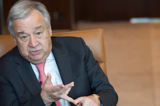 United Nations Secretary-General Antonio Guterres is photographed during an interview at United Nations headquarters on Tuesday, May 7, 2019. Guterres said the world has to change, not in small incremental ways but in big “transformative” ways into a green economy with electric vehicles and “clean cities” because the alternative “would mean a catastrophic situation for the whole world.”