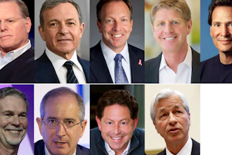 This photo combination shows the highest-paid CEOs at big U.S. companies for 2018, as calculated by The Associated Press and Equilar, an executive data firm. Top row, from left: David Zaslav, Discovery, $129.5 million; Robert Iger, Walt Disney, $65.6 million; Stephen MacMillan, Hologic, $42 million; Joseph Hogan, Align Technology, $41.8 million; and Daniel Schulman, PayPal, $37.8 million. Bottom row, from left: Reed Hastings, Netflix, $36.1 million; Brian Roberts, Comcast, $35 million; Robert Kotick, Activision Blizzard, $30.8 million; and James Dimon, JPMorgan Chase, $30 million.