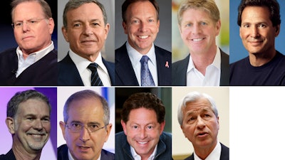 This photo combination shows the highest-paid CEOs at big U.S. companies for 2018, as calculated by The Associated Press and Equilar, an executive data firm. Top row, from left: David Zaslav, Discovery, $129.5 million; Robert Iger, Walt Disney, $65.6 million; Stephen MacMillan, Hologic, $42 million; Joseph Hogan, Align Technology, $41.8 million; and Daniel Schulman, PayPal, $37.8 million. Bottom row, from left: Reed Hastings, Netflix, $36.1 million; Brian Roberts, Comcast, $35 million; Robert Kotick, Activision Blizzard, $30.8 million; and James Dimon, JPMorgan Chase, $30 million.