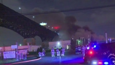 In this May 17, 2019 image made from video provided by WCBS TV, smoke billows over the Pulaski Skyway from a fire at the Alden Leads chlorine plant in Kearny, N.Y. Authorities say the fire has been brought under control, but road and bridge closures remained in effect and local residents were urged to remain indoors due to potential danger from fumes.