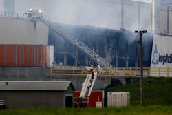 Firefighters battle a large fire at the Georgia-Pacific paper plant east of Muskogee on Tuesday, May 14, 2019. Muskogee County officials say an explosion and fire were reported late Monday night at the Georgia-Pacific plant in Muskogee.