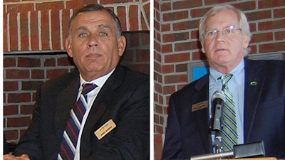 This combination of Sept. 27, 2012, file photos, show Jay Peak Resort co-owner Ariel Quiros, left, and Jay Peak Resort co-owner and CEO Bill Stenger at a news conference in Newport, Vt. Fraud charges were filed Wednesday, May 22, 2019, against former Jay Peak owner Ariel Quiros, of Florida, and former president, William Stenger, of Newport. The pair are accused in a multimillion-dollar fraud case on multiple federal charges over a failed plan to build a biotech facility using foreign investors' money.