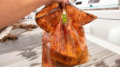 An oxo-biodegradable plastic bag could still hold 5 pounds of groceries without tearing after being submerged in the ocean for 3 years.