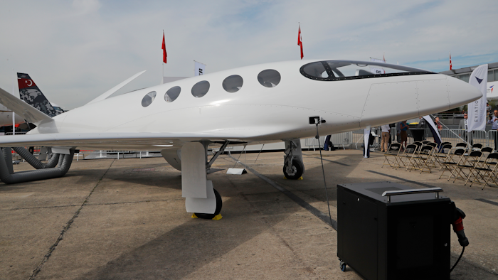 An Israeli Eviation Alice electric aircraft electric aircraft is displayed at the Paris Air Show,