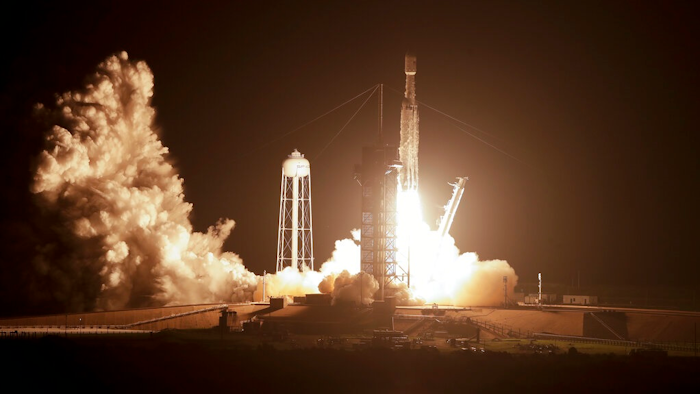 A SpaceX Falcon heavy rocket lifts off from pad 39A at the Kennedy Space Center in Cape Canaveral, Fla., early Tuesday, June 25, 2019. The Falcon rocket has a payload military and scientific research satellites.