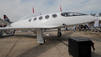 An Israeli Eviation Alice electric aircraft electric aircraft is displayed at the Paris Air Show,