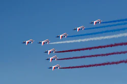 Alpha jets from the French Air Force Patrouille de France fly during the inauguration the 53rd International Paris Air Show at Le Bourget Airport near Paris, France, Monday June 17, 2019. The world's aviation elite are gathering at the Paris Air Show with safety concerns on many minds after two crashes of the popular Boeing 737 Max.