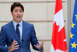 Canadian Prime Minister Justin Trudeau speaks during a joint press conference with French President Emmanuel Macron at the Elysee Palace in Paris, France.