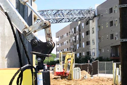 This photo provided by Scott Flodin shows a crane that fell on an apartment building amid severe thunderstorms, Sunday, June 9, 2019, in Dallas. The crane fell after the National Weather Service issued a severe thunderstorm watch for the greater Dallas/Fort Worth area.
