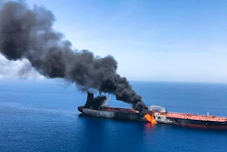 In this Thursday, June 13, 2019 file photo, an oil tanker is on fire in the sea of Oman. A series of attacks on oil tankers near the Persian Gulf has ratcheted up tensions between the U.S. and Iran -- and raised fears over the safety of one of Asia’s most vital energy trade routes, where about a fifth of the world’s oil passes through its narrowest at the Strait of Hormuz. The attacks have jolted the shipping industry, with many of operators in the region on high alert.