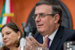 Mexican Foreign Affairs Secretary Marcelo Ebrard, right, accompanied by Mexican Ambassador Martha Barcena Coqui, speaks during a news conference at the Mexican Embassy in Washington, Monday, June 3, 2019, as part of a Mexican delegation in Washington for talks following trade tariff threats from the Trump Administration.
