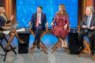 Moderator Femi Oke, left, Jack Ma, second left, Melinda Gates, and United Nations Secretary-General Antonio Guterres, participate in a live conversation on digital cooperation.