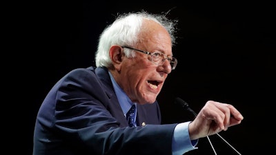 In this June 2, 2019, file photo Democratic presidential candidate Sen. Bernie Sanders, I-Vt., speaks during the 2019 California Democratic Party State Organizing Convention in San Francisco. Sanders is lambasting Walmart’s board including its CEO for paying its workers what he describes as “starvation wages” and introduced a shareholder proposal that calls for hourly associates to have a seat on the company’s board.