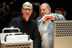 FILE - In this Monday, June 3, 2019 file photo, Apple CEO Tim Cook, left, and chief design officer Jonathan Ive look at the Mac Pro in the display room at the Apple Worldwide Developers Conference in San Jose, Calif. On Thursday, June 27, 2019, Apple said that Ive, chief design officer, will be leaving after more than two decades at the company to start his own firm.