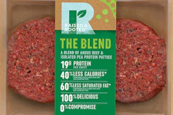 This undated product image provided by Tyson Foods, Inc. shows a plant-based meat alternative made by Tyson Foods. The blended burger made from beef and pea protein will follow this fall. The product will be sold under a new brand, Raised and Rooted, which will continue to develop new plant-based products and blends.