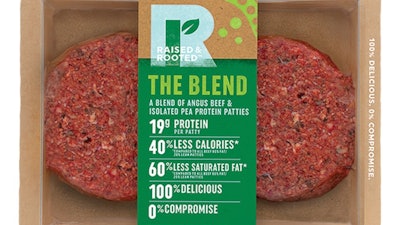 This undated product image provided by Tyson Foods, Inc. shows a plant-based meat alternative made by Tyson Foods. The blended burger made from beef and pea protein will follow this fall. The product will be sold under a new brand, Raised and Rooted, which will continue to develop new plant-based products and blends.