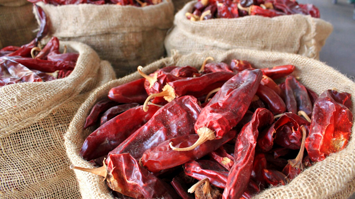 This March 20, 2013, file photo, shows sacks of dried red chile pods at the Hatch Chile Sales shop along the main street of the self-proclaimed 'Chile Capital of the World,' in Hatch, N.M. A hybrid version of a New Mexico chile plant has been selected to be grown in space as part of a NASA experiment, officials recently announced.
