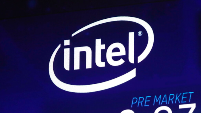 In this Oct. 3, 2018, file photo the Intel logo appears on a screen at the Nasdaq MarketSite, in New York's Times Square. Apple is paying Intel $1 billion for the chip maker's smartphone modem division in a deal driven by the upcoming transition to the next generation of wireless technology.
