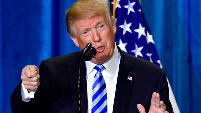 In this Oct. 25, 2018, file photo, President Donald Trump talks about drug prices during a visit to the Department of Health and Human Services in Washington. A federal judge Monday, July 8, 2019, blocked a major White House initiative on prescription drug costs, saying the Trump administration lacked the legal authority to require drugmakers to disclose their prices in TV ads.