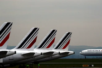 In this May 17, 2019 file photo, Air France planes are parked on the tarmac at Paris Charles de Gaulle airport, in Roissy, near Paris. The French government will implement an 'ecotax' on plane tickets for flights departing from France from next year, the government said Tuesday July 9, 2019. The tax is expected to raise over 180 million euros ($200 million) from 2020 to invest in eco-friendly transport infrastructure, including rail.