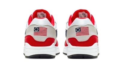 This undated product image obtained by the Associated Press shows Nike Air Max 1 Quick Strike Fourth of July shoes that have a U.S. flag with 13 white stars in a circle on it, known as the Betsy Ross flag, on them. Nike is pulling the flag-themed tennis shoe after former NFL quarterback Colin Kaepernick complained to the shoemaker, according to the Wall Street Journal.
