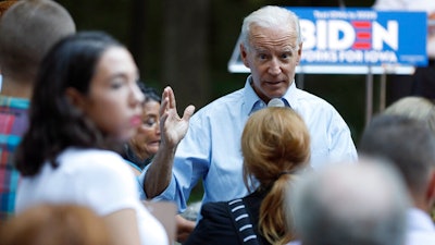 Former Vice President and Democratic presidential candidate Joe Biden speaks during a house party at former Agriculture Secretary Tom Vilsack's house, Monday, July 15, 2019, in Waukee, Iowa.