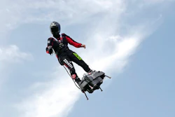 In this Wednesday July 24, 2019 file photo Franky Zapata, performs a training flight over the Saint Inglevert airport near Calais, Northern France. French inventor, Zapata, will try again to traverse the English Channel on a flying board after his first attempt last week failed halfway.