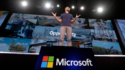 In this May 6, 2019, file photo Microsoft CEO Satya Nadella delivers the keynote address at Build, the company's annual conference for software developers in Seattle.